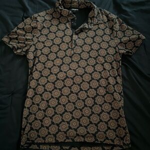 Express Men’s Black Polo with Tan Medallion Print